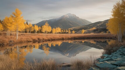 Fototapeta premium Autumn mountains reflect in the calm blue lake, a beautiful fall landscape of nature's trees