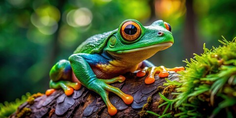 Obraz premium Green Eyed Bush Frog on Tree Bark in Munnar, Kerala - Nature's Beauty, Wildlife Photography, Amphibians, Rainforest Habitat, Indian Biodiversity, Environmental Conservation