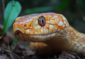 Fototapeta premium Close-Up of a Colorful Snake with Distinctive Scales and Expressive Eyes in a Lush Green Habitat, Capturing Nature's Beauty and Detail in a Serene Environment