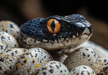Obraz premium Close-Up of a Colorful Snake with Striking Orange Eye Resting on Its Clutch of Unearthed Eggs Amidst a Natural Habitat Setting, Capturing Intricate Details of Nature