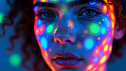“Extreme Closeup of a Face with Neon Paint Under UV Light” – Glowing neon patterns with vivid contrast on the skin, creating a vibrant and energetic theme.
