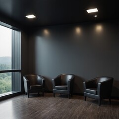 Dark waiting room interior with two armchairs and panoramic window