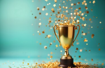 Golden winner cup surrounded by flying gold confetti stars on soft blue background. Celebration of achievement. First place trophy. Victory concept. Successful teamwork. Award ceremony. Sport event.
