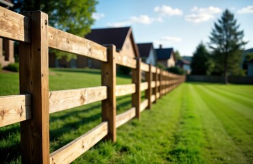 Wooden fence separates well-maintained green lawn from houses. Sunny day in residential area. Homes, trees blurred in background, focus on fence, lawn. Beautiful natural scene suitable for design