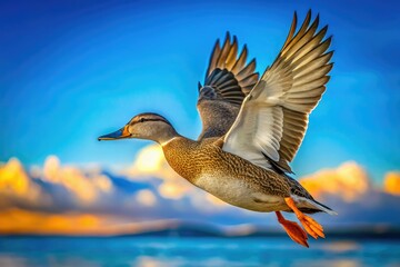 Obraz premium Flying Gadwall Duck - Blue Sky Background - Photorealistic AI Art