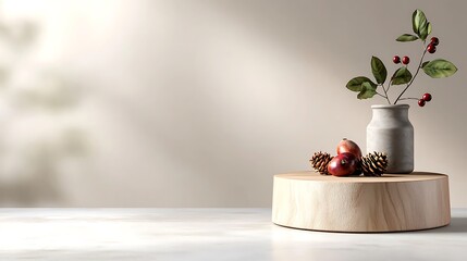 Minimalist autumn still life with apples, berries, and pine cones on wooden platform against beige wall.