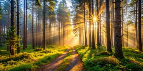 Obraz premium Foggy Pine Trail Sunburst Summer Landscape