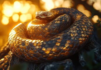 Naklejka premium Close-up of a Stunningly Textured Snake Coiled on a Mossy Log with Glowing Sunset Background Creating a Majestic and Serene Nature Scene