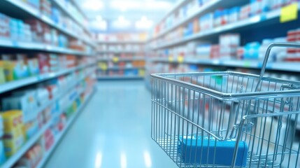 Shopping cart in store aisle, ready for groceries and retail therapy 