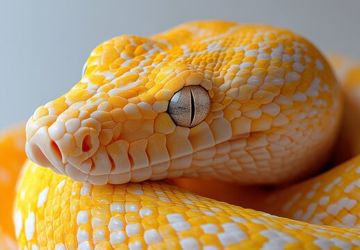 Close-Up of a Stunning Yellow Python with Intricate Patterns and Captivating Eyes Showcasing the Beauty of Nature's Serpents in a Softly Lit Environment
