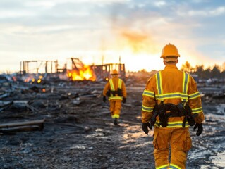 Emergency response teams assessing damage after wildfire community resilience efforts photography disaster area ground level recovery strategies