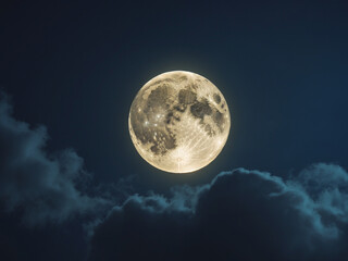 Stunning full moon glowing in a deep blue night sky, partially veiled by soft, dramatic clouds.