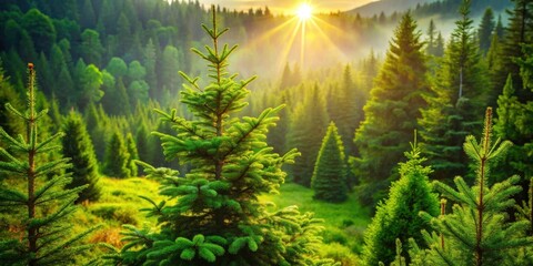 Obraz premium Lush Green Spruce Trees in Summer Forest, Vertical Background Photo, Vibrant Nature Scene, Serene Woodland Landscape, Fresh Foliage, Eco-Friendly Imagery, Outdoor Adventure, Scenic Beauty