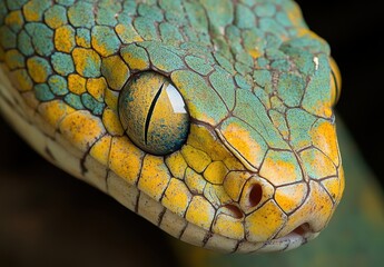 Fototapeta premium Close-Up of a Vibrantly Colored Green Tree Python Showcasing Intricate Scale Patterns and Mesmerizing Eyes in Nature's Habitat