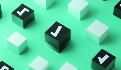 Abstract 3D rendering of black and white cubes with checkmarks and numbers on a green background.