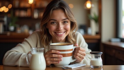 A bright-eyed, blonde-haired young woman beams with delight as she cradles a charmingly striped coffee mug in her hand, surrounded by warm, creamy tones