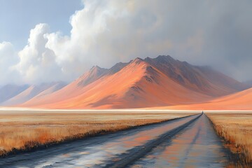 Serene Road Leading Towards Majestic Orange Mountains