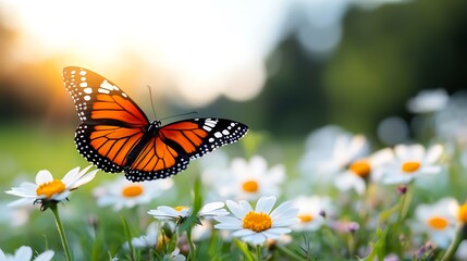 Monarch butterfly in flight over a field of daisies at sunset.