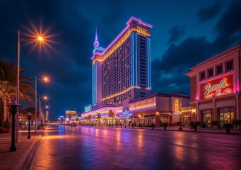 Vibrant evening at a famous hotel and casino on a lively boulevard under a twilight sky