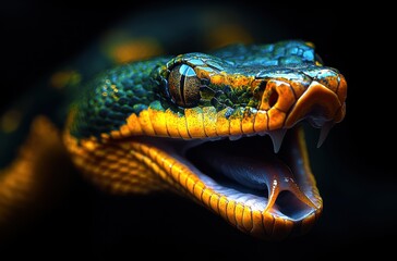 Fototapeta premium Close-Up of a Vivid Green and Yellow Snake Showing Open Mouth with Glimmering Fangs Against a Dark Background for Nature Photography