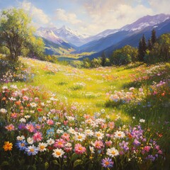Fototapeta premium A colorful wildflower meadow set against a stunning mountain range, capturing the essence of spring's natural beauty.