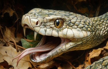 Fototapeta premium Close-up of an Alert Snake with a Distinctive Scaly Texture and Open Mouth, Displaying Long Fangs in a Natural Setting Surrounded by Fallen Leaves