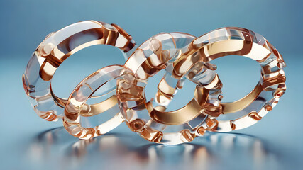 Glass rings composition on blue background. 3d rendering.