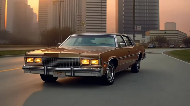 Expesive retro car in 70s style on the urban street with orange sky