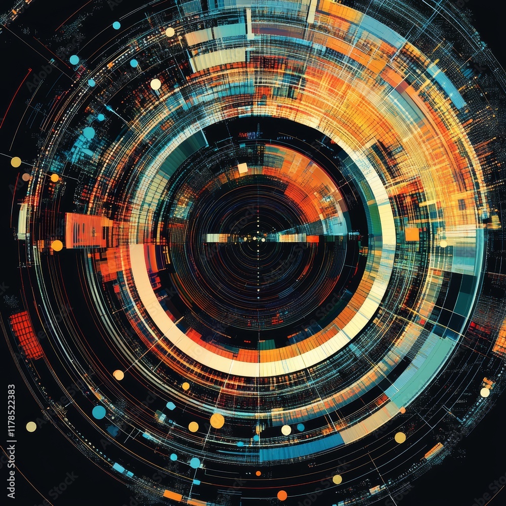 Poster intricate circular data patterns with vivid colors and geometric design elements in a dynamic layout