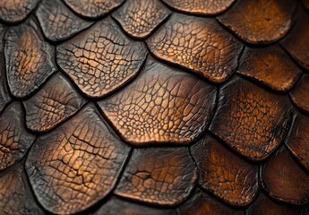 Naklejka premium Close-up of Detailed Scales Showing Unique Texture and Patterns on a Shimmering Brown Surface Ideal for Nature and Wildlife Photography Projects