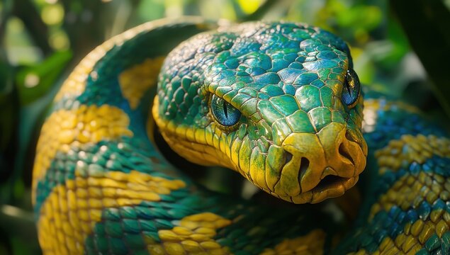 Close-Up of Emerald Green and Yellow Python Coiled Among Lush Green Foliage with Striking Detail and Vibrant Colors in Natural Habitat