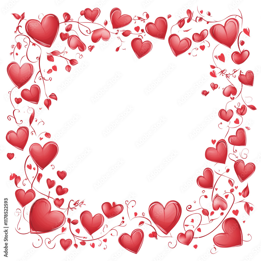 Aufkleber a square frame composed of numerous red hearts interwoven with vines and leaves on a white backgroun
