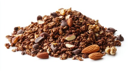 Obraz premium A heap of chocolate granola and mixed nuts, isolated on white. Perfect for breakfast-themed designs with copy space.
