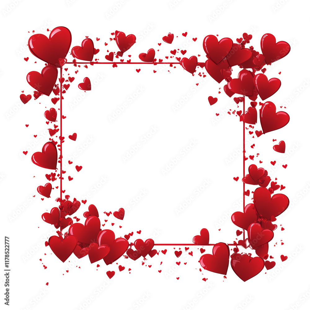 Poster A square frame composed of numerous glossy red hearts on a white background ideal for Valentines Day messages.