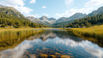 Obraz premium Scenic view of mountain lake with reflections and lush greenery