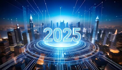 A futuristic cityscape blending technology and innovation, with a glowing digital portal in 2025.