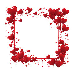 A square frame composed of numerous glossy red hearts on a white background ideal for Valentines Day messages.
