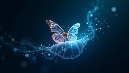 A iridescent butterfly with intricate, swirling patterns on its wings, emerges from a shimmering cocoon woven from glowing, electric blue circuit lines, symbolizing transformation and rebirth.