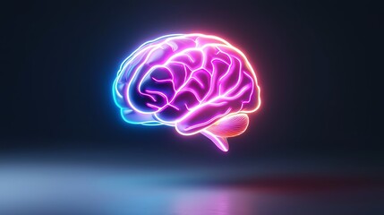 Neon glowing human brain, anatomical model, medical science concept.
