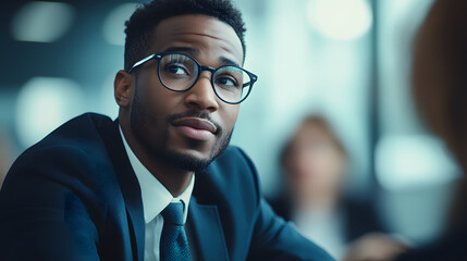 Thoughtful young African American businessman in glasses, wearing a suit and tie, looks off to the side in contemplation.  A blurred background suggests an office setting.