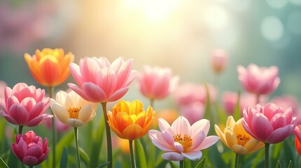 Fototapeta premium Sunlit Meadow of Vibrant Pastel Tulips in Spring, Soft Focus, Warm Light, Bokeh Background