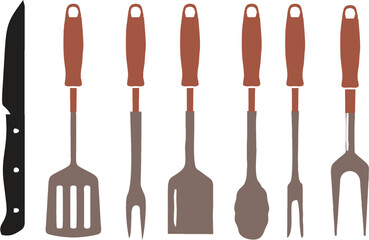 Kitchen tools or spatulas on white background. Kitchen utensils butcher tools or spatula silhouettes in vector EPS 10 file. BBQ and frying and baking, party cooking cutlery.