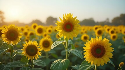 Fototapeta premium Golden Hour Sunflowers: A Field of Radiant Yellow Blooms at Sunrise, Close-Up View