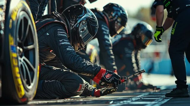 High-Octane Pit Stop: Mechanics Preparing For A Fast Tire Change During Race Day Action