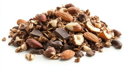 Obraz premium A pile of chocolate granola with mixed nuts, isolated on a pure white background. Clean design with room for text.