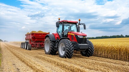 Obraz premium Red agricultural tractor with grain trailer harvesting golden wheat in expansive rural field under cloudy sky