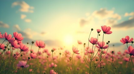 Obraz premium Serene Sunset: Pink Cosmos Flowers in a Field at Golden Hour, Soft Focus, Low Angle View