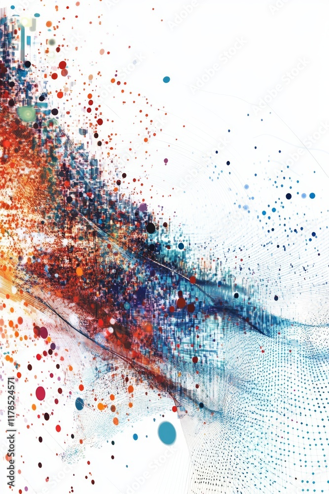 Poster dynamic data stream visualization with colorful dots and abstract patterns on white background