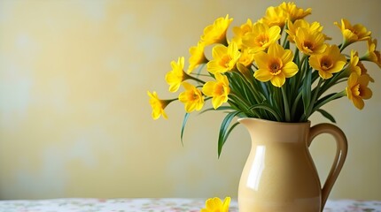 Fototapeta premium A Bouquet of Cheerful Yellow Daffodils in a Cream-Colored Pitcher, Basking in Soft Sunlight Against a Muted Yellow Wall
