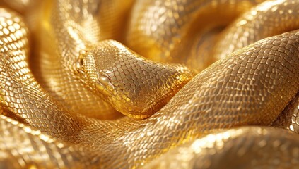 Fototapeta premium Close-Up View of a Beautiful Golden Python with Shimmering Scales in Natural Sunlight, Highlighting Its Intricate Texture and Unique Colors
